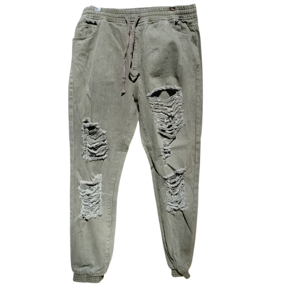Destroyed 8th of LA Green Denim Drawstring Streetwear Grunge Joggers Sz. L